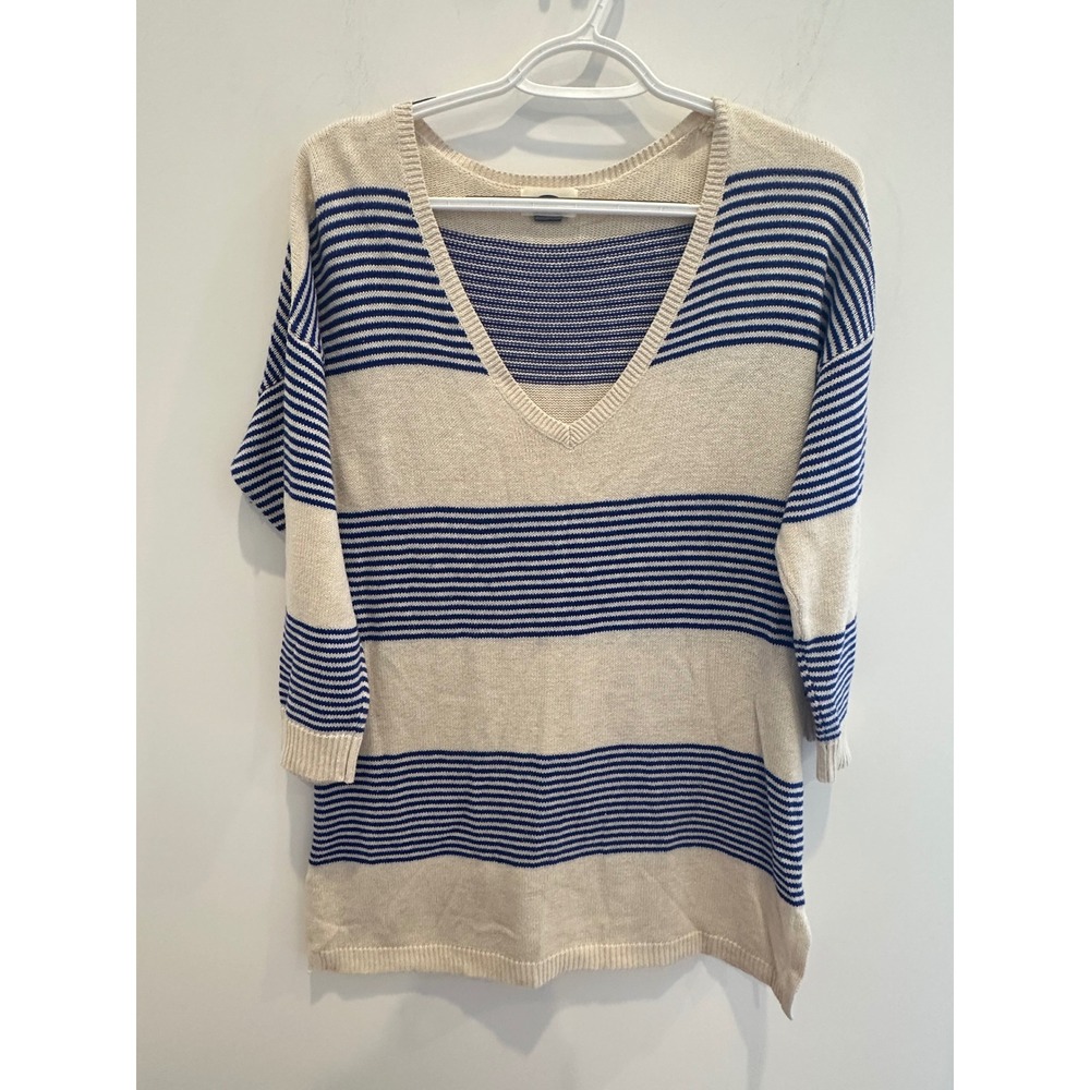 Old Navy Womens Blue Cream Striped V-Neck 3/4 Sleeve Knit Sweater Medium